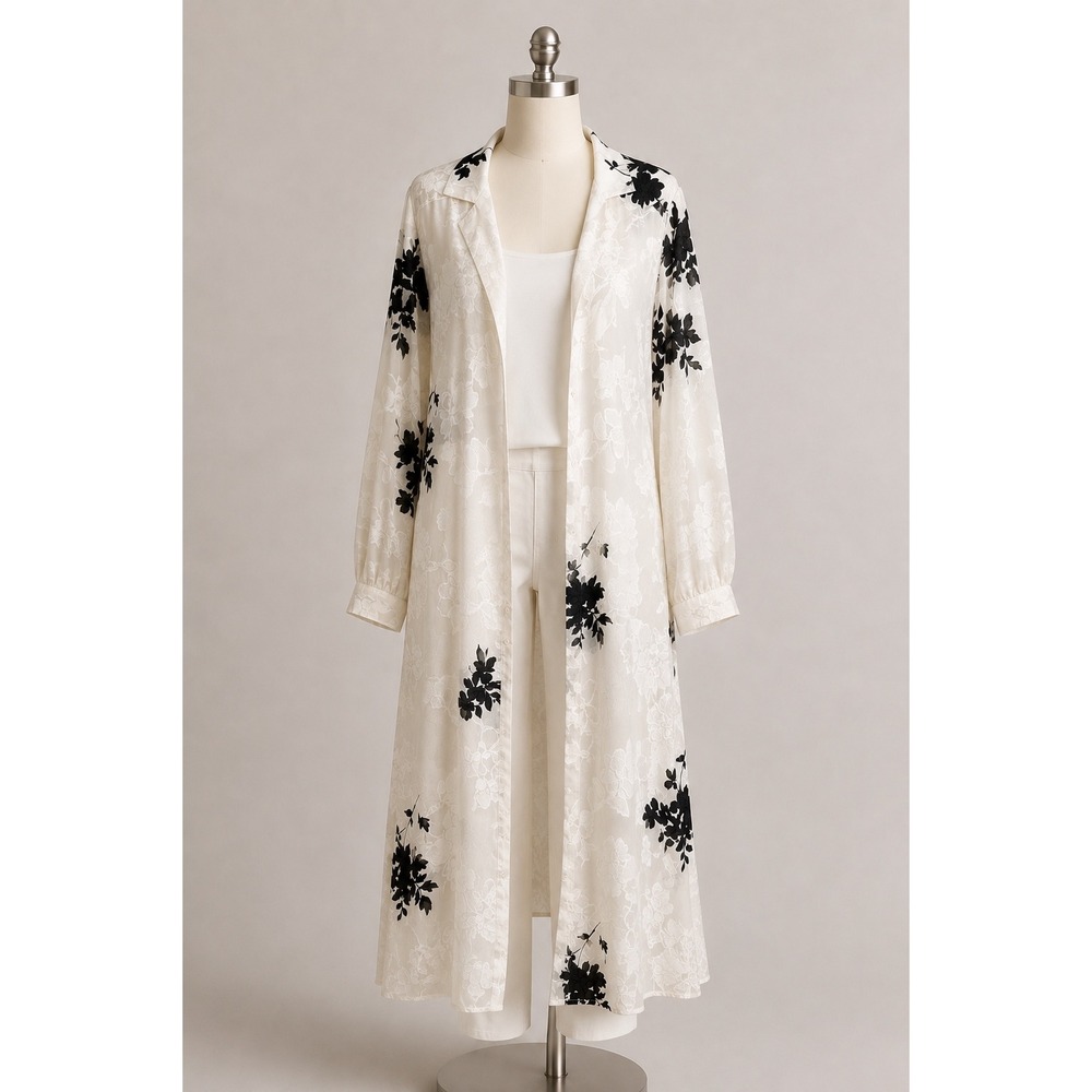 Vince Camuto XL Sheer Floral Duster Maxi Shirt Dress White Black Button Front